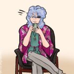 Jirou on a cellphone, sitting.